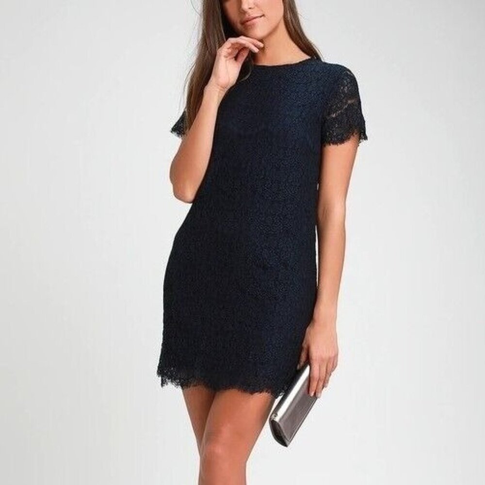 Lulu's Take Me To Brunch Lace Shift Dress Size Small Navy Blue Lined Short